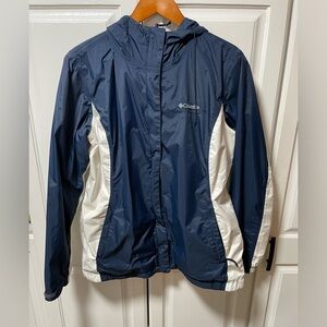 Columbia Women’s Raincoat Navy Blue and White with Hood size XL